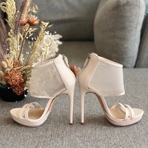 BCBGMAXAZRIA Mesh-Cuff High-Heel in Natural, Sz 6